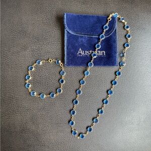 Austrian Jewel Swarovski Crystal Blue Gold-tone Necklace & Bracelet Set Vintage